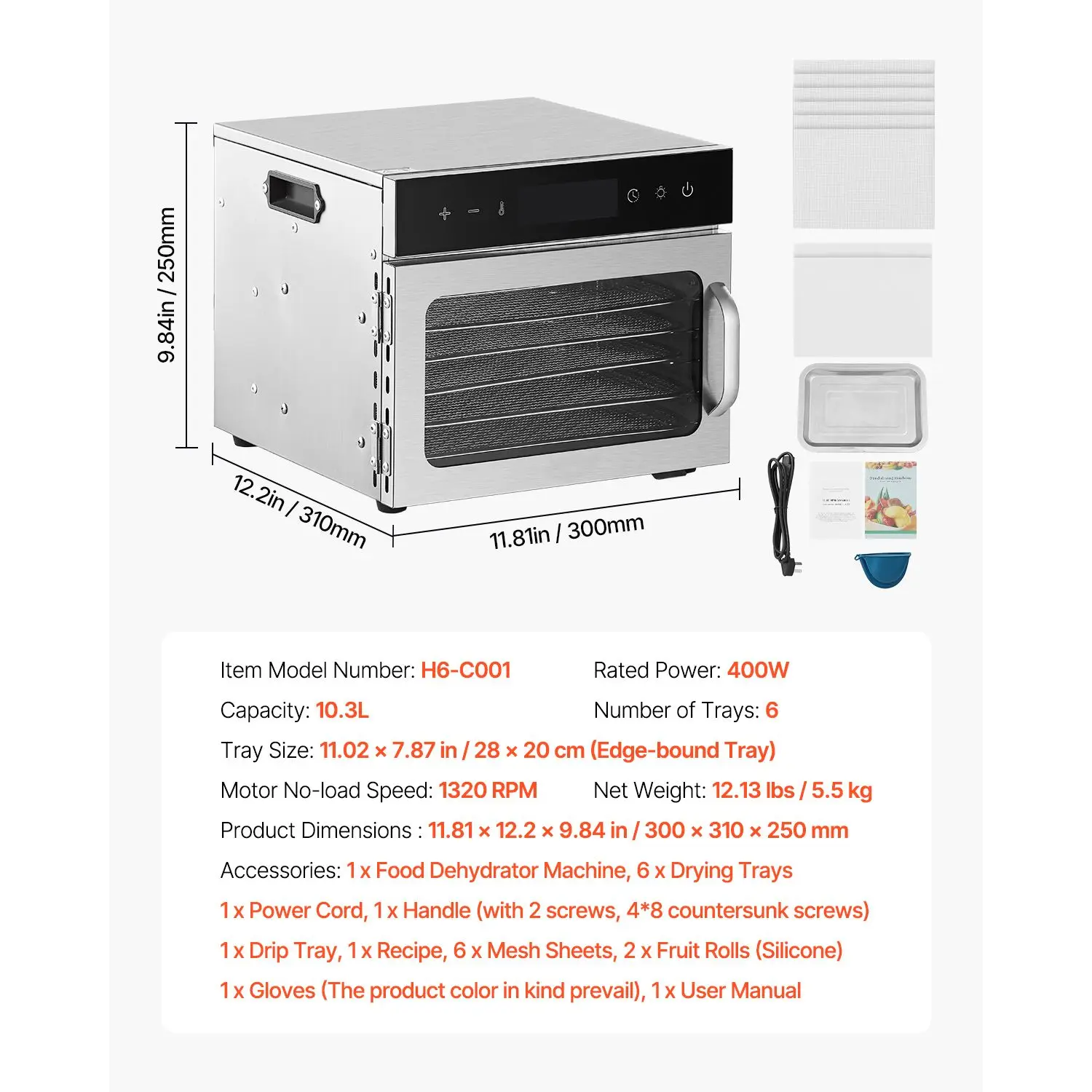 Dehydrator Tray Electric - Deshidratador de Alimentos, 6 Bandejas de
